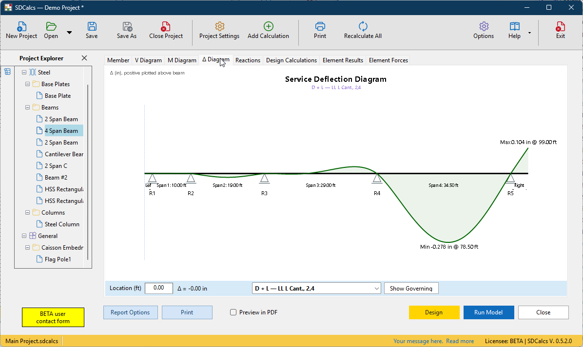 SDCalcs service deflection diagram for a four-span steel beam.